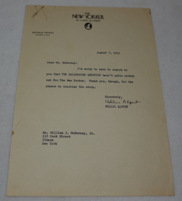 Hollis Alpert Signed 1953 The New Yorker Magazine Vintage Original Letter