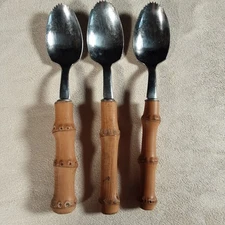 VTG Set of 3 Bamboo Handle Grapefruit Spoons Serrated Tip Stainless Steel Japan
