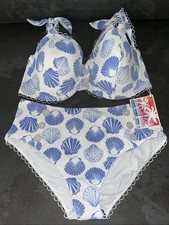    Ladies Blue Shell Print Floozie Frost French Bikini Size 14 Bottoms 38DD Top