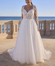 New Lace Wedding Dress Bridal Gown 32-60 Plus Size Long Sleeve Sweetheart Ivory