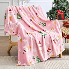 Christmas Blanket Soft Cozy Pink Throws with Snowman Snowflake Santa Claus and X