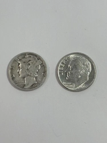 Lot of 2 Mercury Dime 1942 S and 1964 S AU/BU - 90% Percent Silver Bright Invest