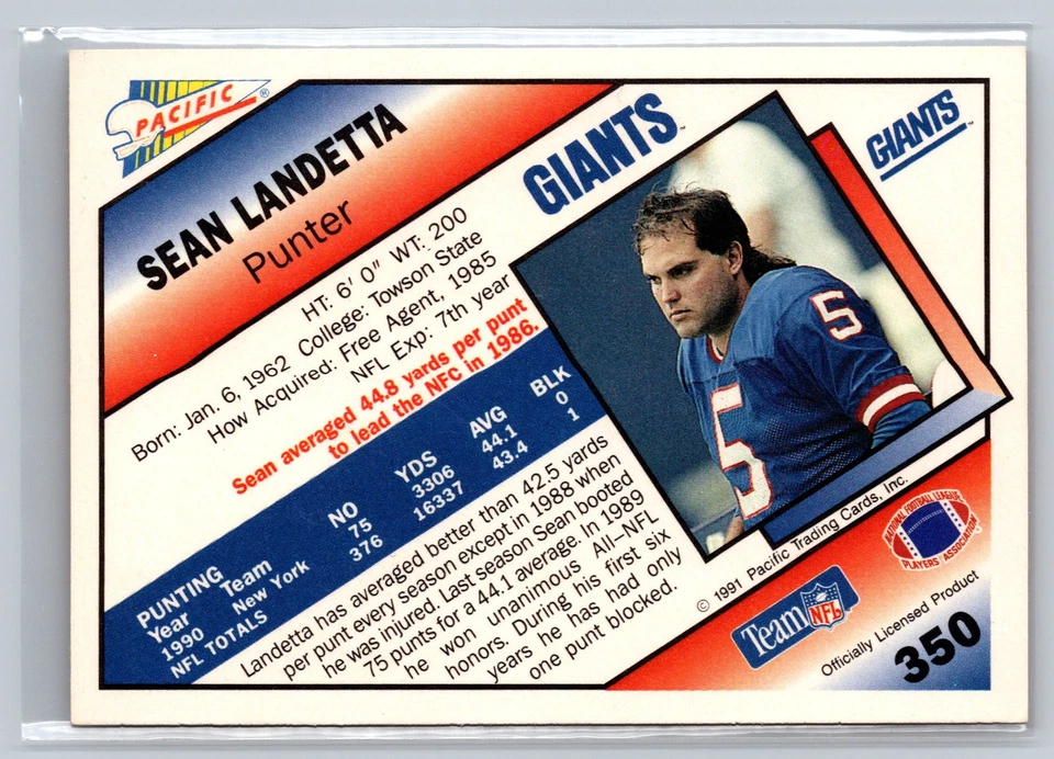 1991 Pacific #350b Sean Landeta New York Giants - Image 2 of 2