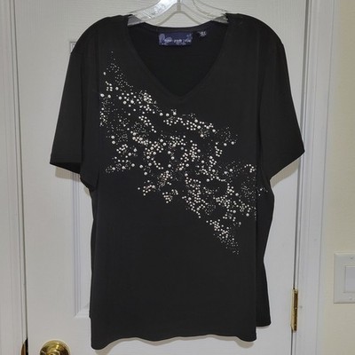 Susan Graver Style Black V-Neck Embellished Stud Top XL Short Sleeve Stretch