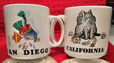 Never Used: "San Diego Diver" " & "CA Seaside" Set of 2 Kliban Cat Ceramic Mugs