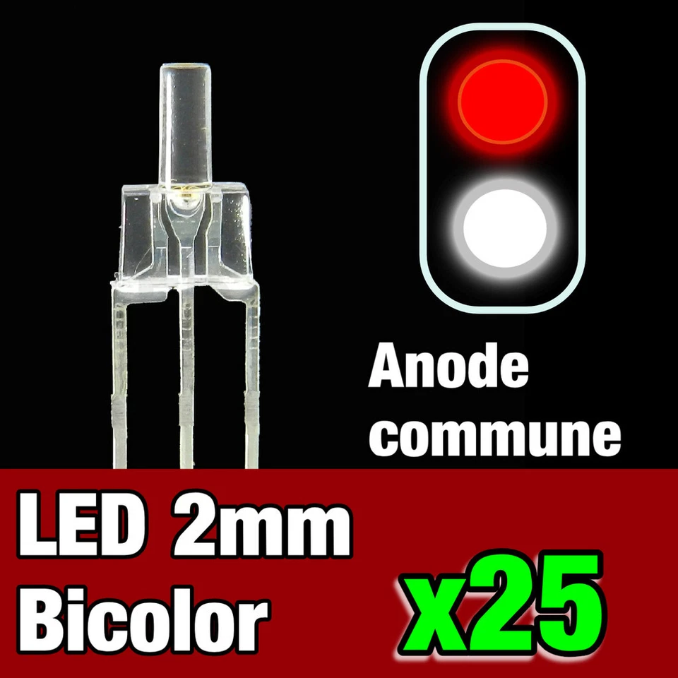 740/25# 25pcs LED bi-color anode commune 2mm blanc - rouge - idéal digital