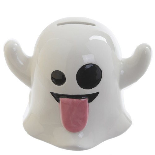 ceramic white ghost poking its tongue out emoji shaped money