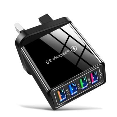 Multi USB Plug Charger,4-Port USB Wall Plug Adaptor UK 3.1A Mains Charge Black