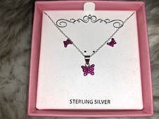 Macys Genuine Sterling Silver Butterfly Pendant Stud Earrings Necklace Set C509