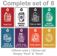 Mixed Set of Recycling Bin Sign Sticker Labels - Full set of 8 self adhesive