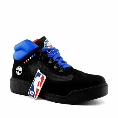 blue and red timberland field boots