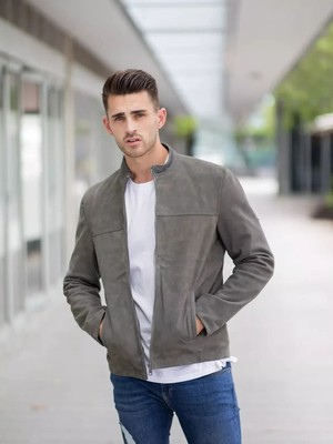 Men's Gray Suede Leather Jacket - Real Cafe Racer Moto Biker Custom Fit Jackets