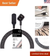 Elegant 8 Ft Flat Plug Extension Cord with Braided Fabric and Safety Outlets
