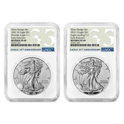 2021 Reverse Proof American Silver Eagle Designer 2pc Set NGC PF69 ER 35th