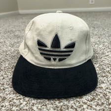 Vintage Adidas Hat Cap Snap Back White Black Trefoil Embroidered Logo Mens 90s