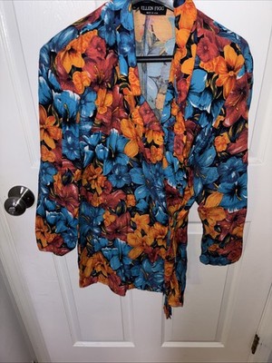 VTG Ellen Figg Women's 10 Hawaiian Floral Shoulder Pad Belted Tie Blouse Blazer