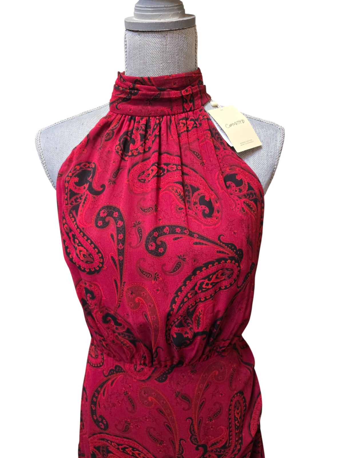 Ming Mango Women's Size XL Paisley Print Red Halter Top Sunrise Dress NWT thumbnail 3