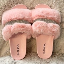 Furry Bling Pink Slippers Slides Women  s Size 6