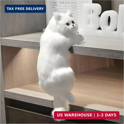 Realistic Plush Kitty Figurine White Lifelike Faux Fur Cat Home Office Decor