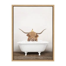 Sylvie Highland Cow and Duckling in Rustic Bath Framed Canvas Wall Art by Amy...