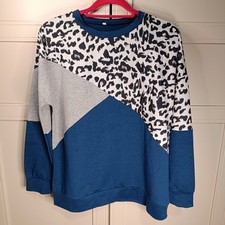 Ladies Womens Blue Grey and Animal Print Pullover Sweatshirt Size Medium Y2K