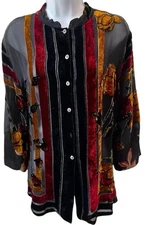 CITRON Santa Monica Silk Velvet Blouse XL Beaded Velour Sheer Burnout Pretty
