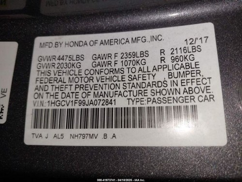 Automatic Transmission Turbo 1.5L ID BA7A Tag Fits 18-20 ACCORD 811735 - Picture 9 of 12