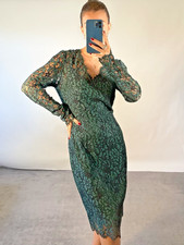 Dolce & Gabbana UK M Dress Dark Green Lace V Neck Calf Length Long Sleeve