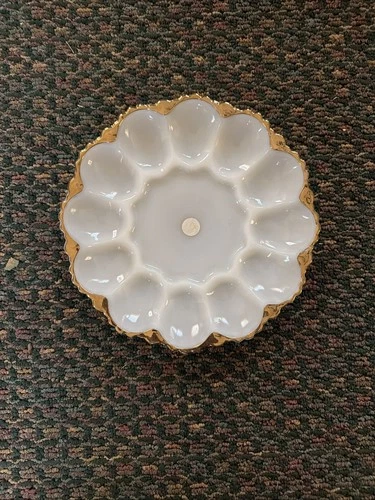 Vintage Anchor Hocking Deviled Egg/Oyster Plate Milk Glass Gold Rim 12 Eggs