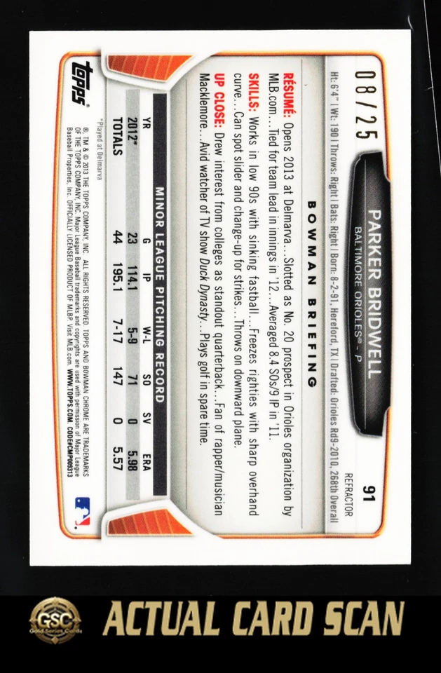 2013 Bowman Chrome Mini #91 Parker Bridwell Black Refractors #/25 - Image 2 of 2