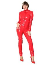 Honour Women Harlot High Gloss Shiny PVC Catsuit in Red with High Neck & Long Sl