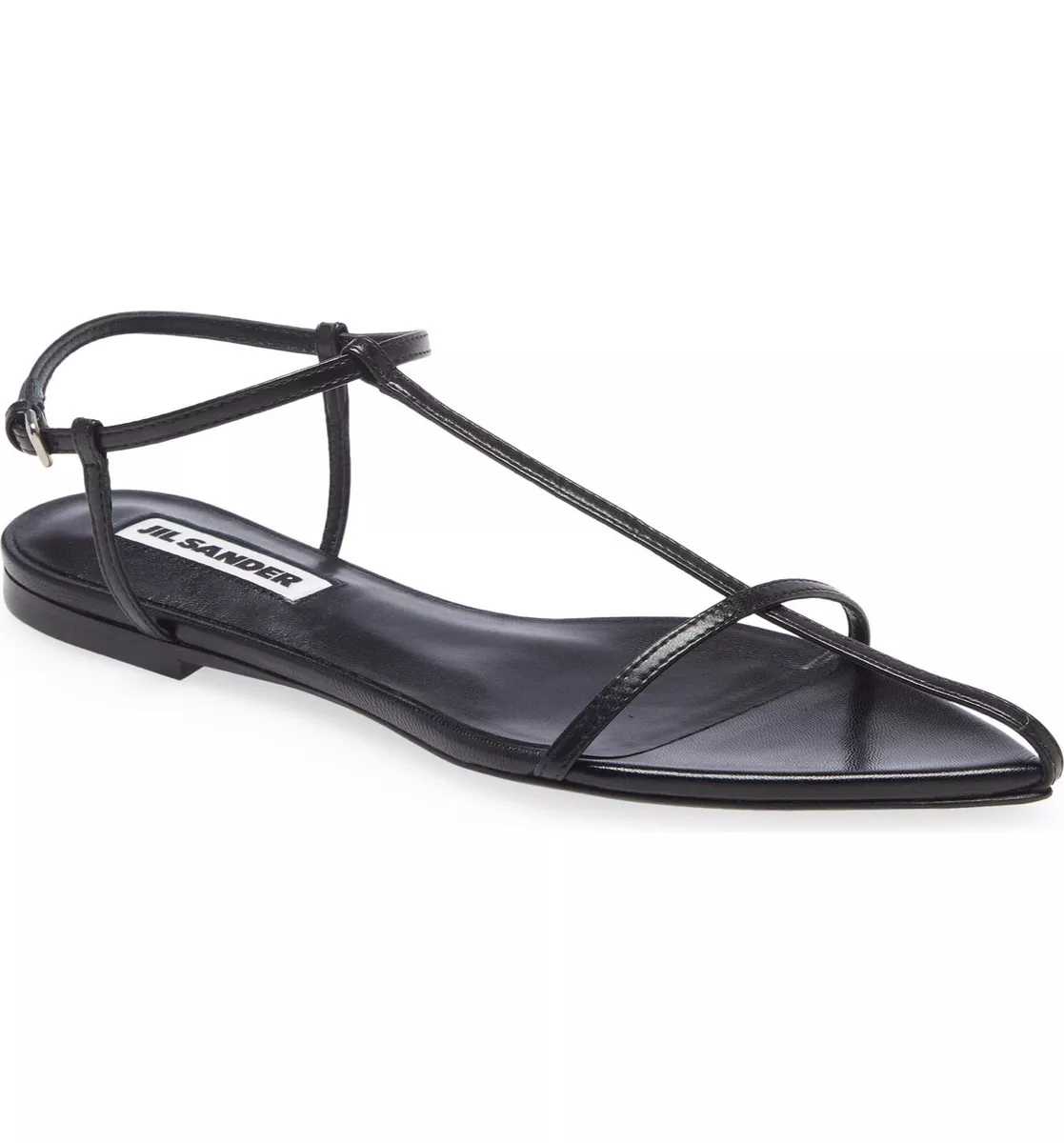 JIL SANDER Tripon T Bar Pointed Flat Leather Sandals in Black Size