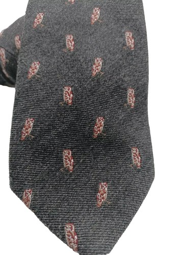 Grey Wool Blend Brown Owl Necktie Unbranded Embroidered 5% Wool Hard To Find - Picture 3 of 9