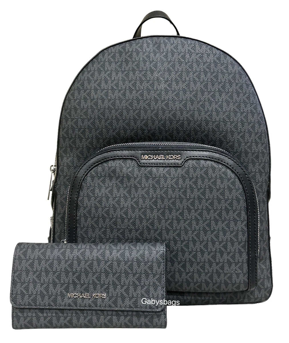 Michael Kors Large Jaycee Abbey Backpack School Bag Black MK Signature +  Wallet 194900051696