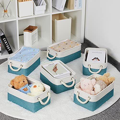 Fabric Baskets for Organizing Closet Set of 6 Small Storage White&Teal Blue - Picture 4 of 7