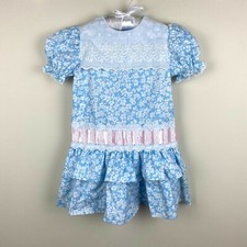 Vintage Peaches Cream Girls Blue White Floral Ruffle Ribbon Dress 5T