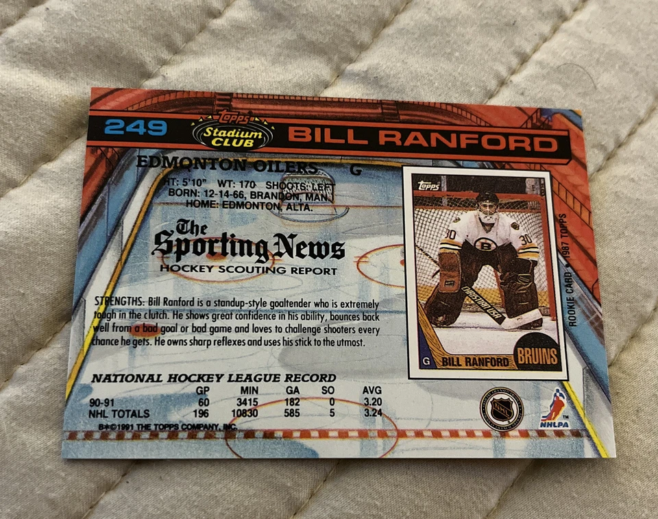 1991-92 Topps Stadium Club Bill Ranford Edmonton Oilers #249 - Image 2 of 2