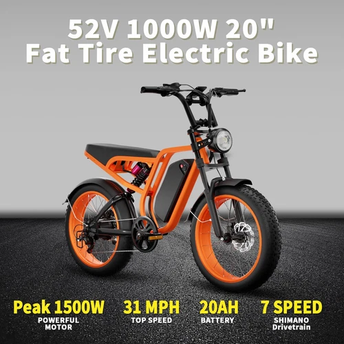 Ebike 20" Fat Tire Mountain Electric Bicycle for Adults 1000W 52V 31Mph E-bike