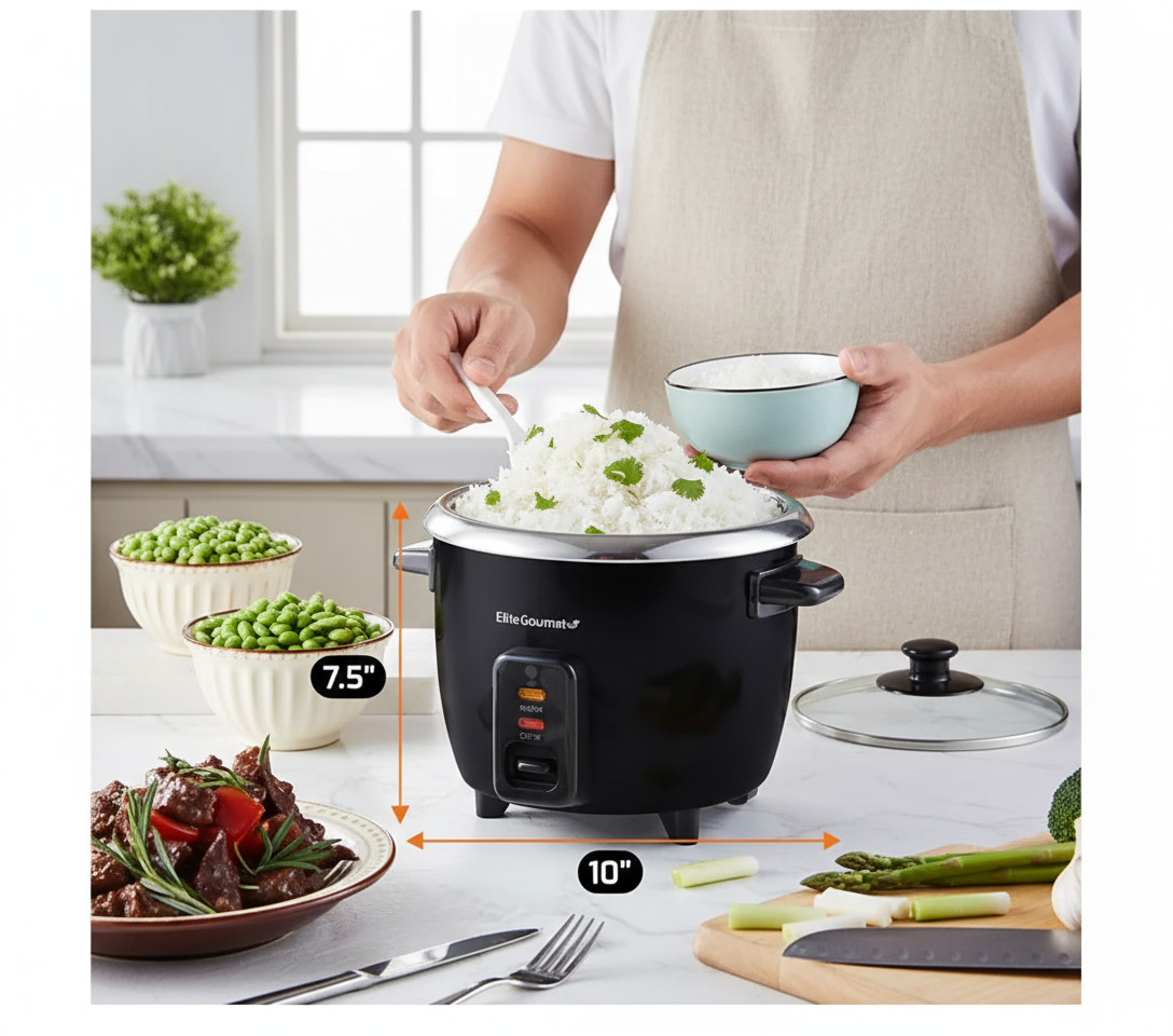 Elite Gourmet 6-Cup Electric Rice Cooker with Nonstick Inner Pot, Easy to Clean
