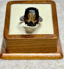 925 Sterling Silver Real Smoky Quartz Ornate Oxidized Ring Size 8 Lot 635