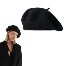 Womens Knitted Cotton French Beret Hat Slouchy Casual Loose Soft Cap Solid
