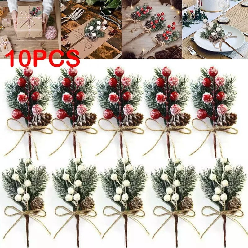 10X Fake Snow Frost Pine Branch Cone Berry Holly Xmas Tree Christmas Ornament UK - Image 2 of 4