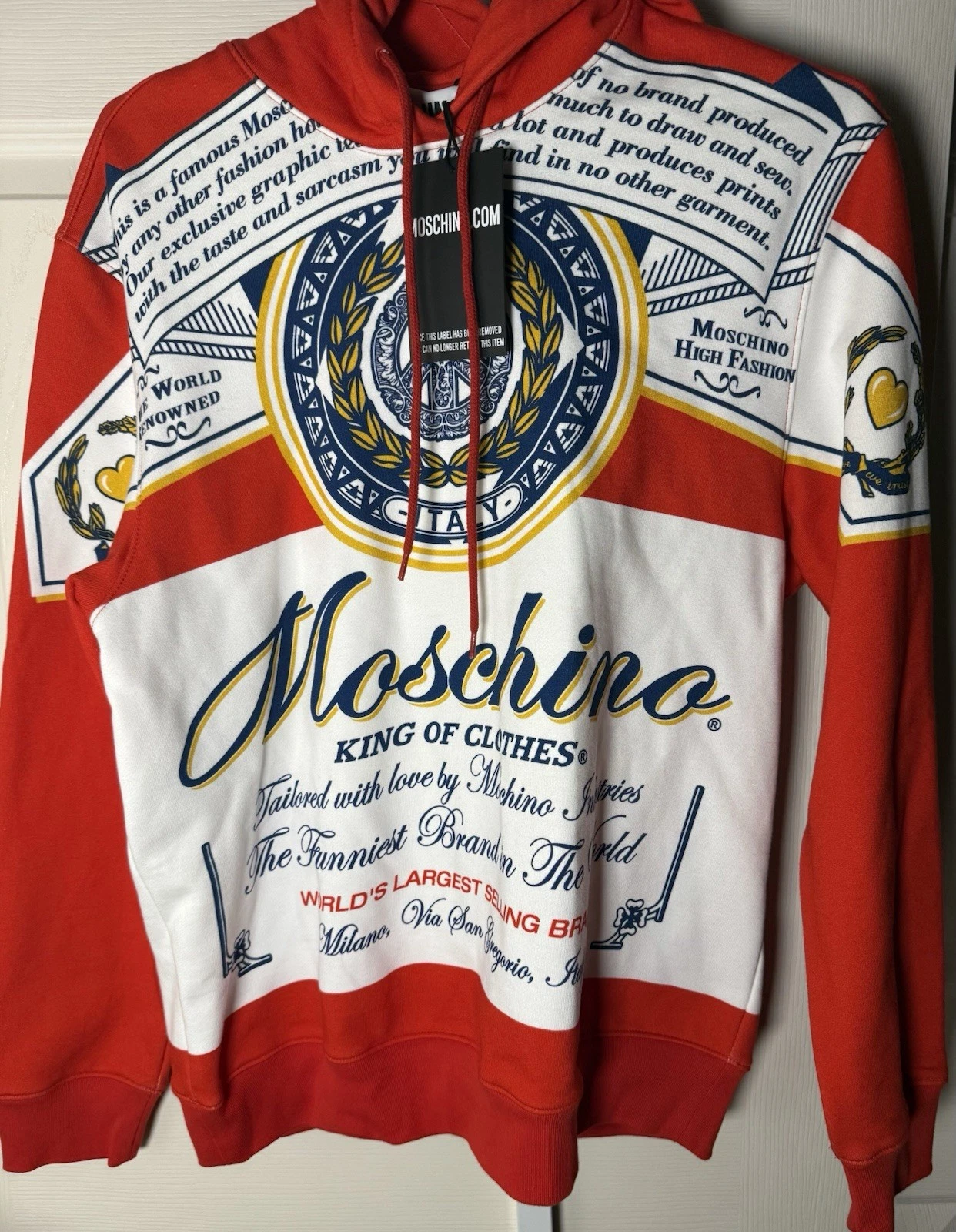 Felpa con cappuccio Moschino x Jeremy Scott stampa Budweiser cotone donna taglia 2 colore rosso nuova con etichetta