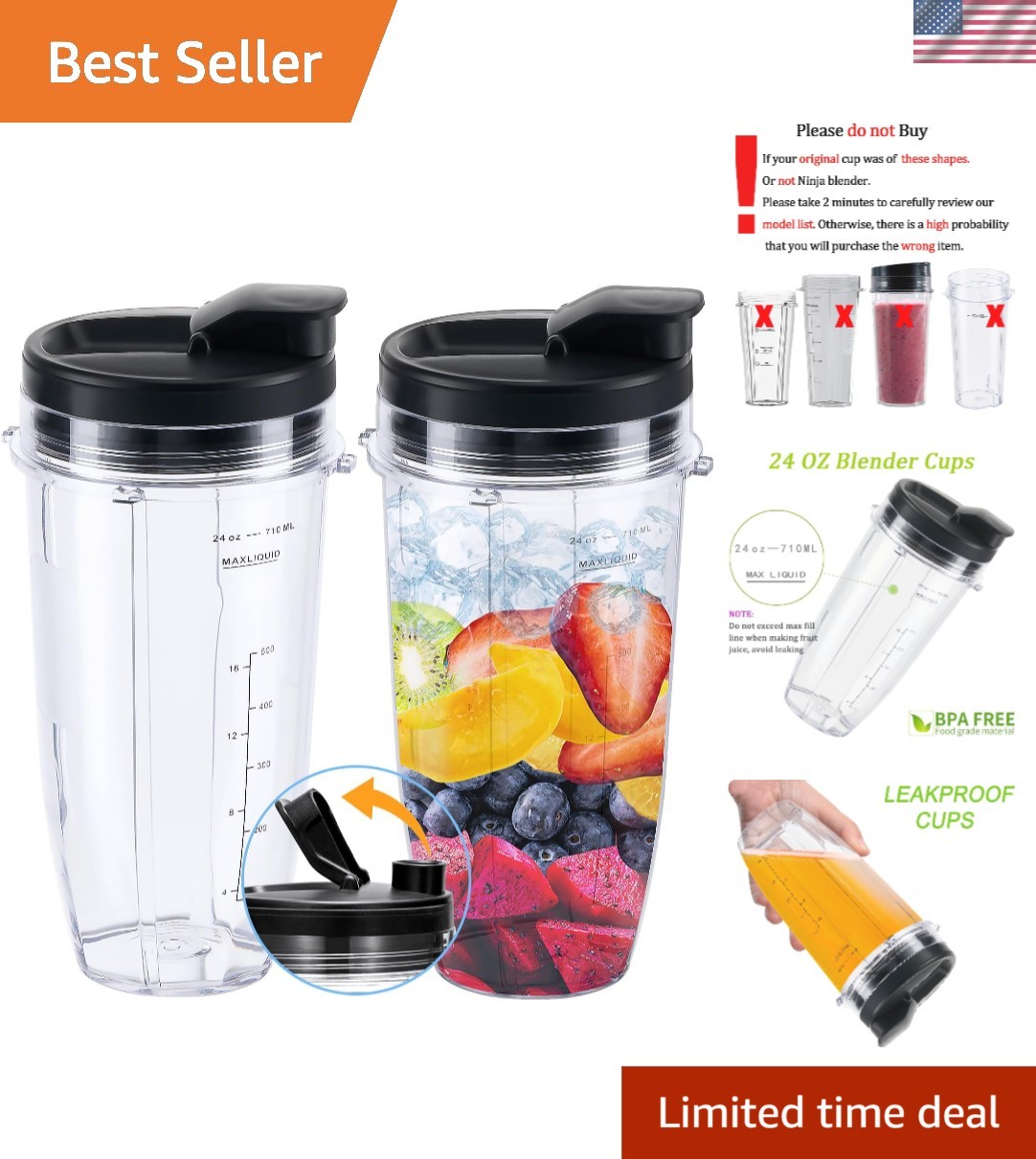 Replacement 24oz Blender Cup with Sip & Seal Lid, 2-Pack