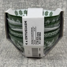 Set of 4 Ikea ENTUSIASM Patterned Green & White 4 .5" Porcelain Bowls NEW!