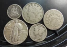5 TYPE COINS: 1930-P QUARTER, 1921-D DIME, 1853 HALF DIME, 1883 V 5C, 1882 5C