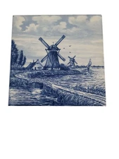 Vtg Delft Blauw hand painted windmill 6"x6" tile Holland, with hanging tab