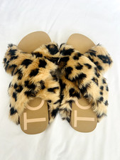 Toms Susie Eva Slippers Womens US 12 Slides Fur Leopard Vegan Sandals Bottoms
