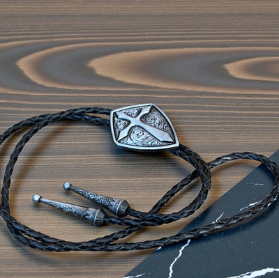 Western Bolo Tie Cross Christian Cowboy Necktie Black Leather Cord for Men