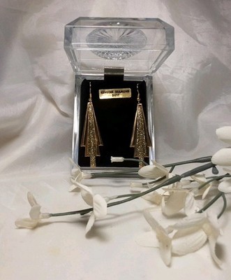 Earring Gold Tone Genuine Diamond Dust Dangle Org. See Tru Case Pierce 2'' Gift